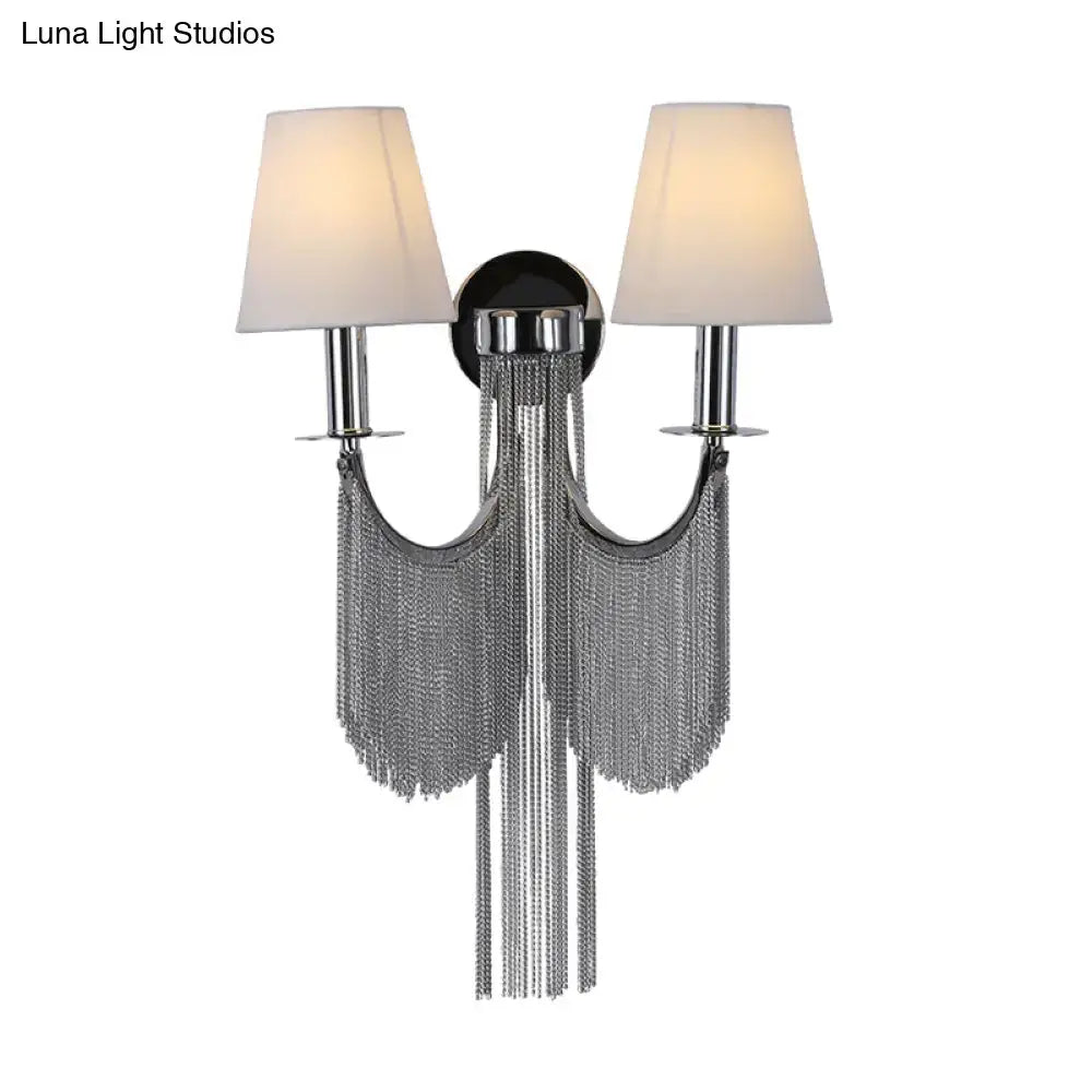 Black Silver Tassel Sconce with dual shades, metal frame and crystal bead chains, 27-inch on Tampa Home & Garden Store