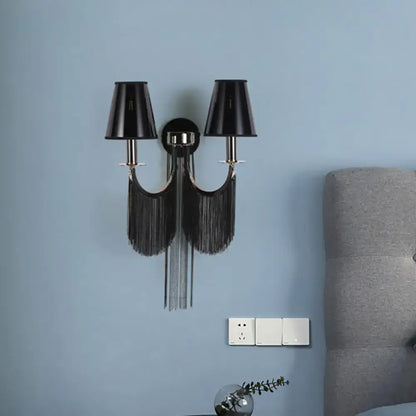 Black silver tassel sconce with dual black lampshades and fringe, 27-inch height on Tampa Home & Garden Store