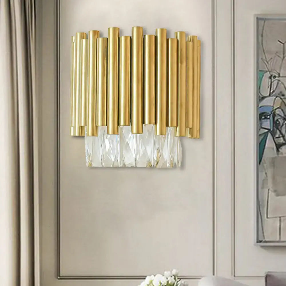 Brass faceted crystal wall sconce E12-E14 with vertical tubes and hanging prisms by Decorbites on Tampa Home & Garden Store
