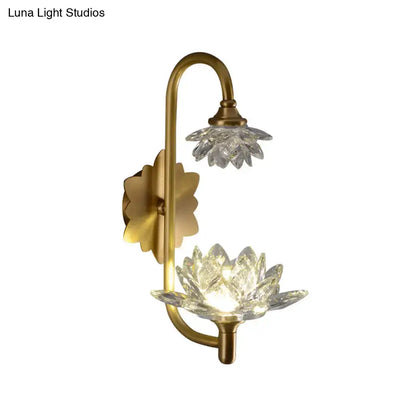 Brass Crystal Lotus Sconce with dual crystal petals on curved brass arm on Tampa Home & Garden Store