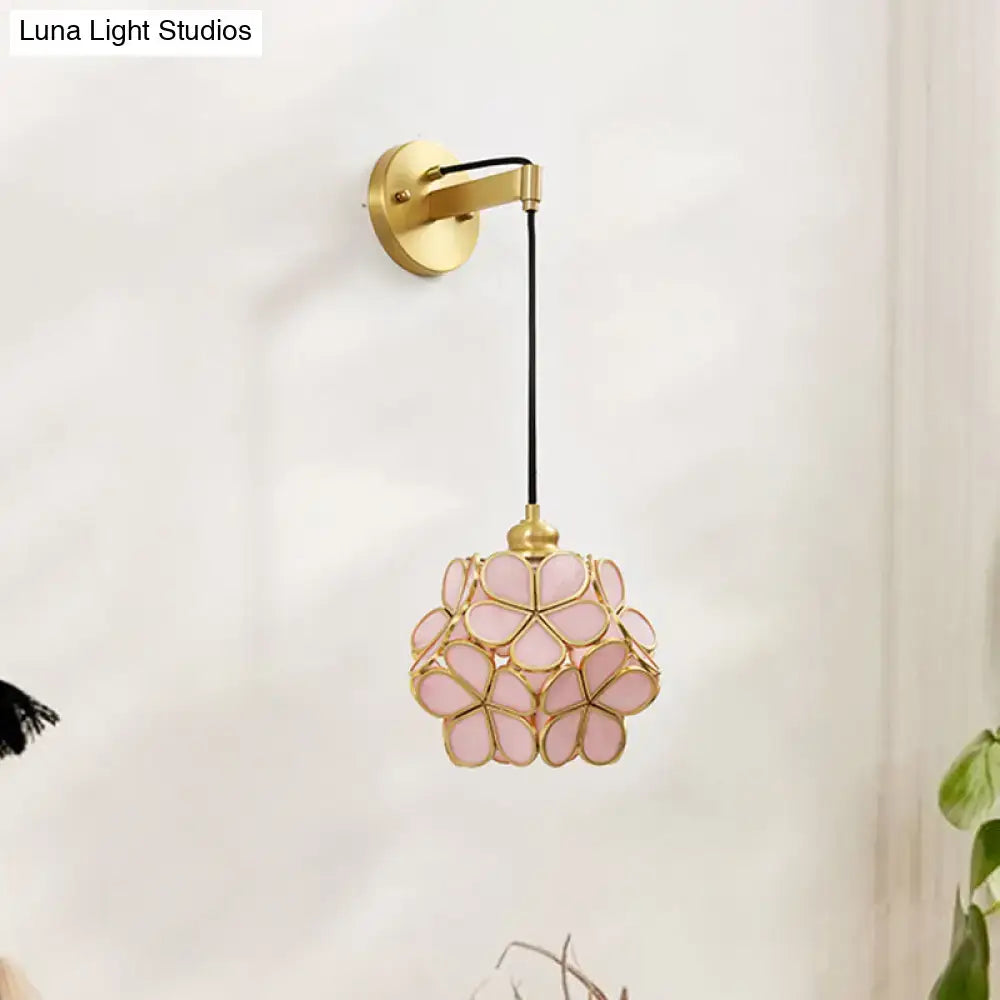 Brass floral glass sconce with pink petal shade and gold lattice, wall mount on Tampa Home & Garden Store
