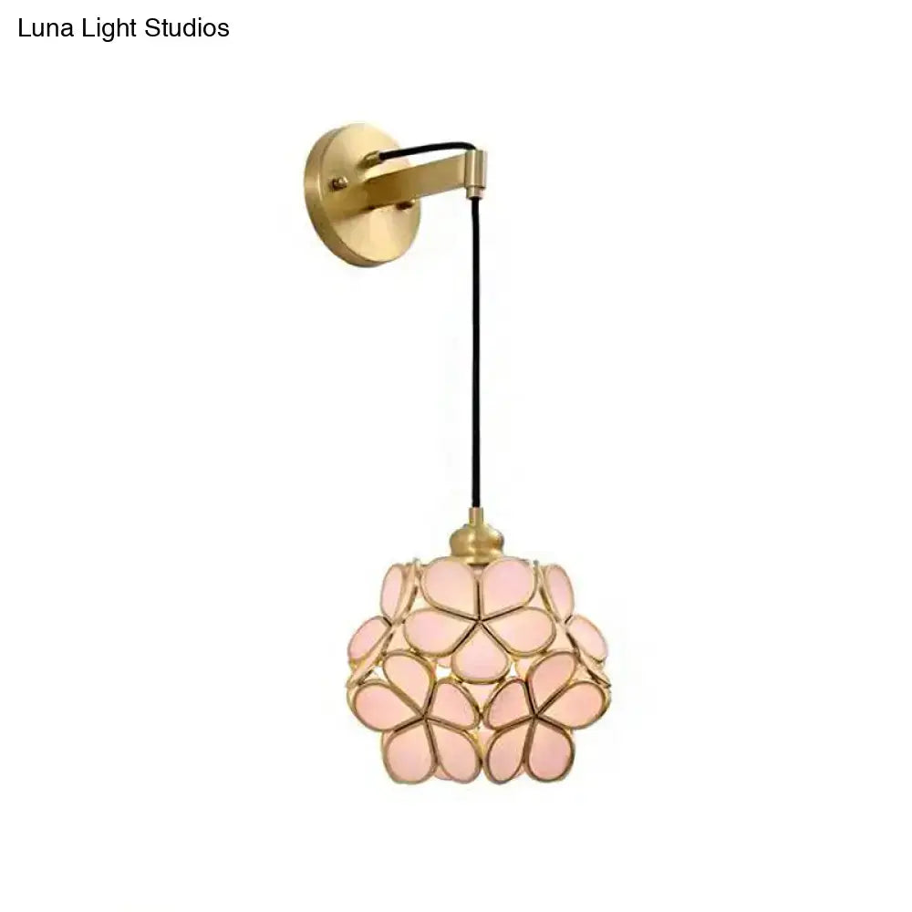 Brass floral glass sconce with pink petal shade by Decorbites, wall mount on Tampa Home & Garden Store