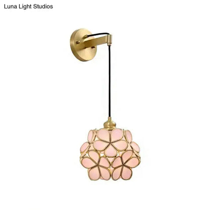 Brass floral glass sconce with pink petal shade by Decorbites, wall mount on Tampa Home & Garden Store