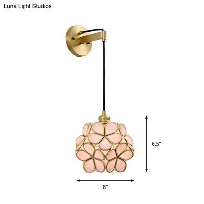 Decorbites brass floral glass sconce with pink petal shade and wall mount on Tampa Home & Garden Store