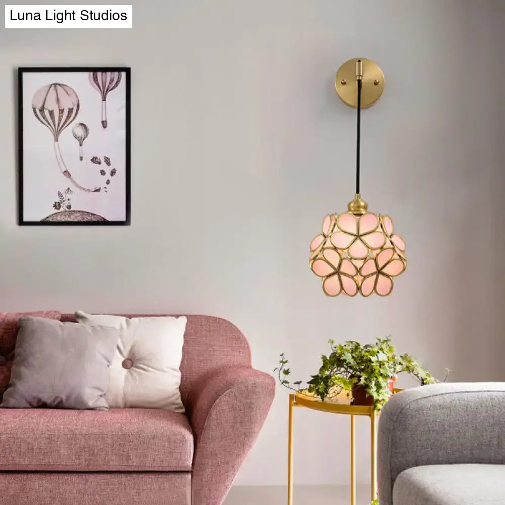 Brass floral glass sconce pendant with pink petal shade, wall-mounted lighting on Tampa Home & Garden Store