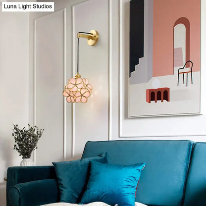 Brass Floral Glass Sconce with pink petal shade by Decorbites, wall-mounted on Tampa Home & Garden Store