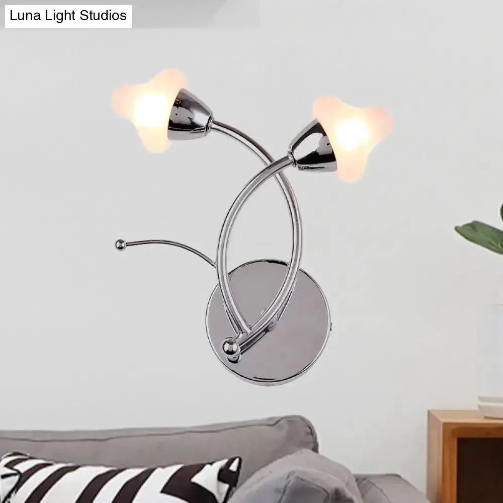 Modernist chrome and glass wall lamp with dual curved arms and frosted glass shades on Tampa Home & Garden Store