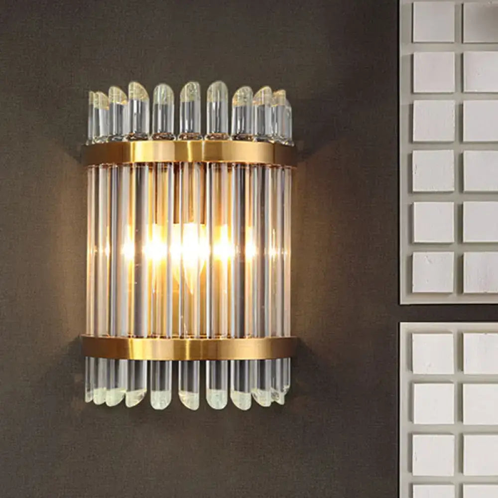 Gold Crystal Half-Cylinder Wall Light sconce with clear glass vertical rods and gold bands on Tampa Home & Garden Store