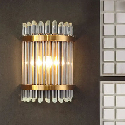 Gold Crystal Half-Cylinder Wall Light sconce with clear glass vertical rods and gold bands on Tampa Home & Garden Store