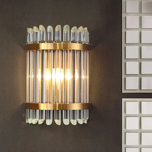 Gold Crystal Half-Cylinder Wall Light sconce with clear glass vertical rods and gold bands on Tampa Home & Garden Store