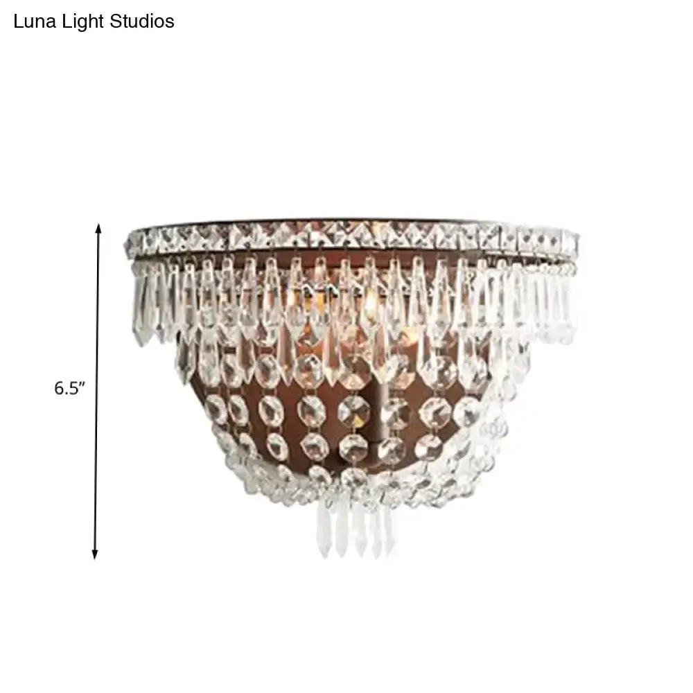 Modernist dark bronze crystal basket wall sconce with hanging prisms 6.5in high Decorbites bedroom lighting on Tampa Home & Garden Store