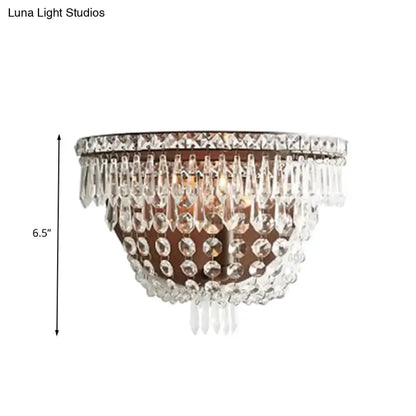 Modernist dark bronze crystal basket wall sconce with hanging prisms 6.5in high Decorbites bedroom lighting on Tampa Home & Garden Store