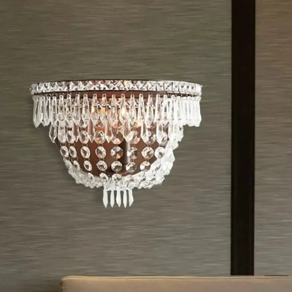 Modernist dark bronze crystal basket wall sconce with hanging prisms Decorbites on Tampa Home & Garden Store