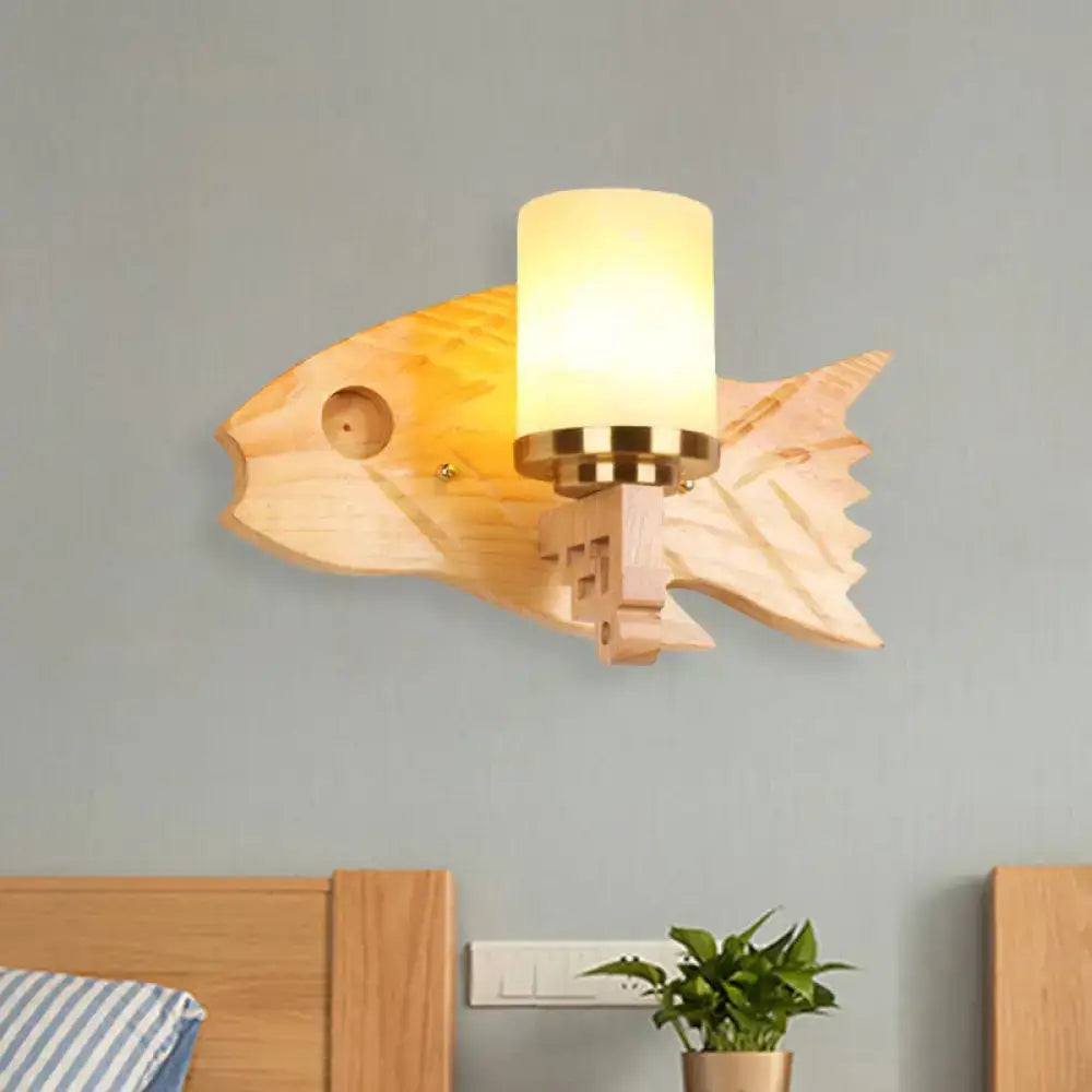 Wood Cracked Glass Sconce by Decorbites, wooden fish-shaped backplate with frosted shade on Tampa Home & Garden Store