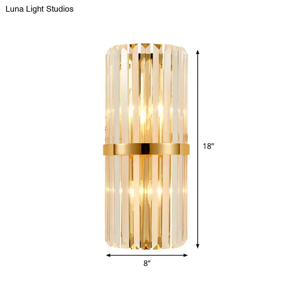 Gold and clear crystal cylinder wall sconce by Decorbites with vertical prisms 18in tall on Tampa Home & Garden Store