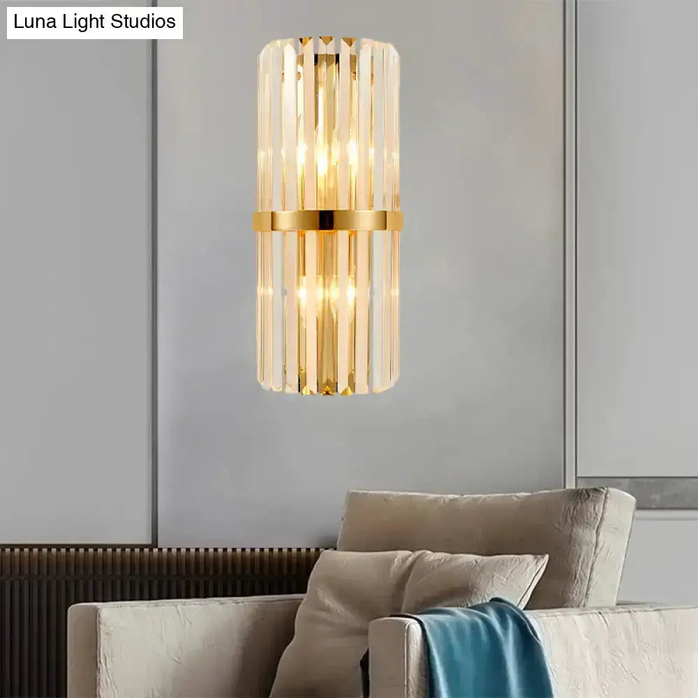 Modernist gold and clear crystal cylinder wall light sconce with vertical prisms for living room on Tampa Home & Garden Store