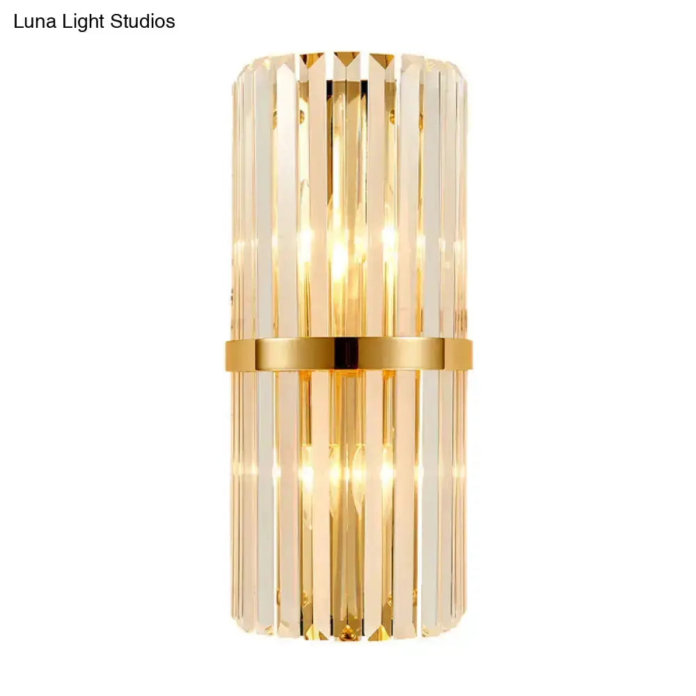 Decorbites modernist gold and clear crystal cylinder wall sconce for living room on Tampa Home & Garden Store