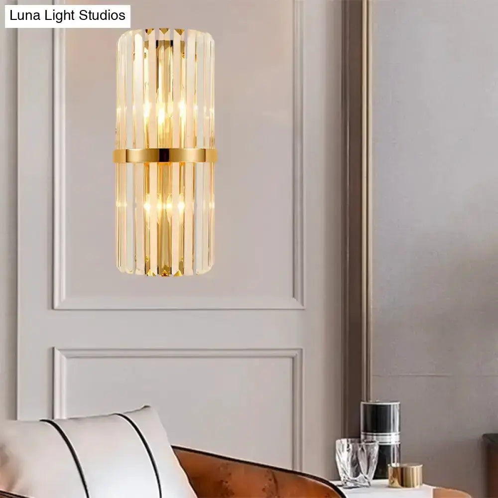 Modernist gold and clear crystal cylinder wall light sconce by Decorbites for living room on Tampa Home & Garden Store