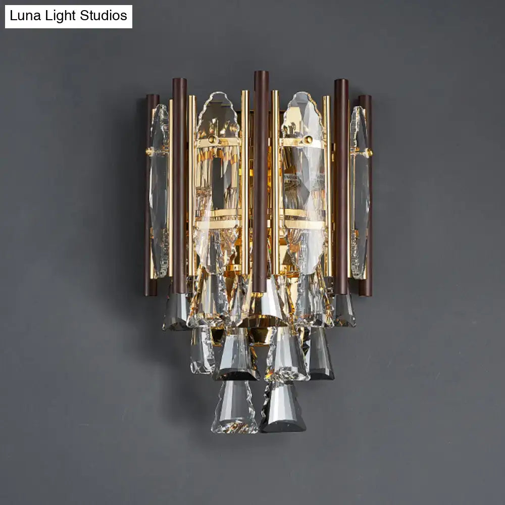Gold Crystal K9 Two-Head Wall Lamp by Decorbites, gold-tone metal with crystal prisms on Tampa Home & Garden Store