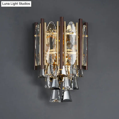 Gold Crystal K9 Two-Head Wall Lamp by Decorbites, gold-tone metal with crystal prisms on Tampa Home & Garden Store