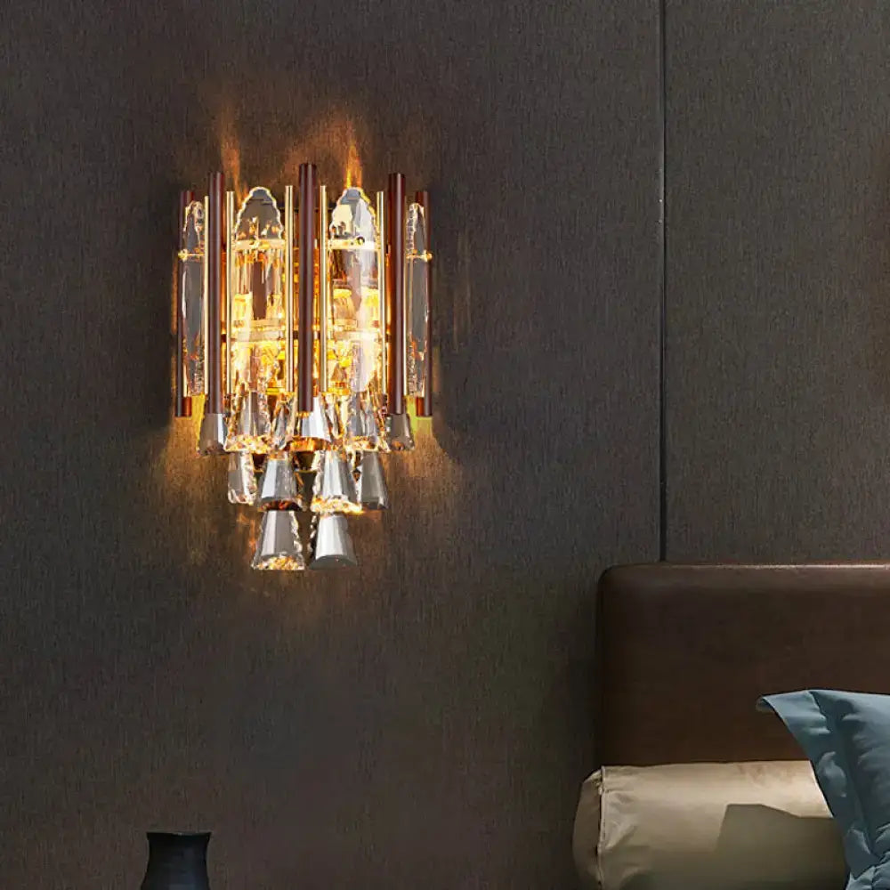 Gold Crystal K9 Two-Head Wall Lamp by Decorbites; crystal prism wall sconce with gold finish on Tampa Home & Garden Store