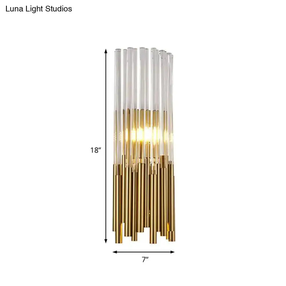 Modernist gold and clear cylinder wall sconce by Decorbites, 18in tall, 7in wide fixture on Tampa Home & Garden Store