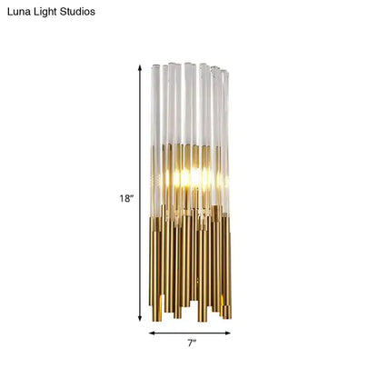 Modernist gold and clear cylinder wall sconce by Decorbites, 18in tall, 7in wide fixture on Tampa Home & Garden Store