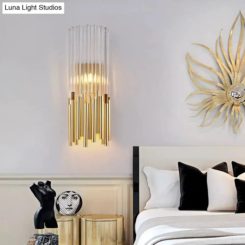 Modernist gold and clear cylinder wall light fixture bedroom sconce by Decorbites on Tampa Home & Garden Store