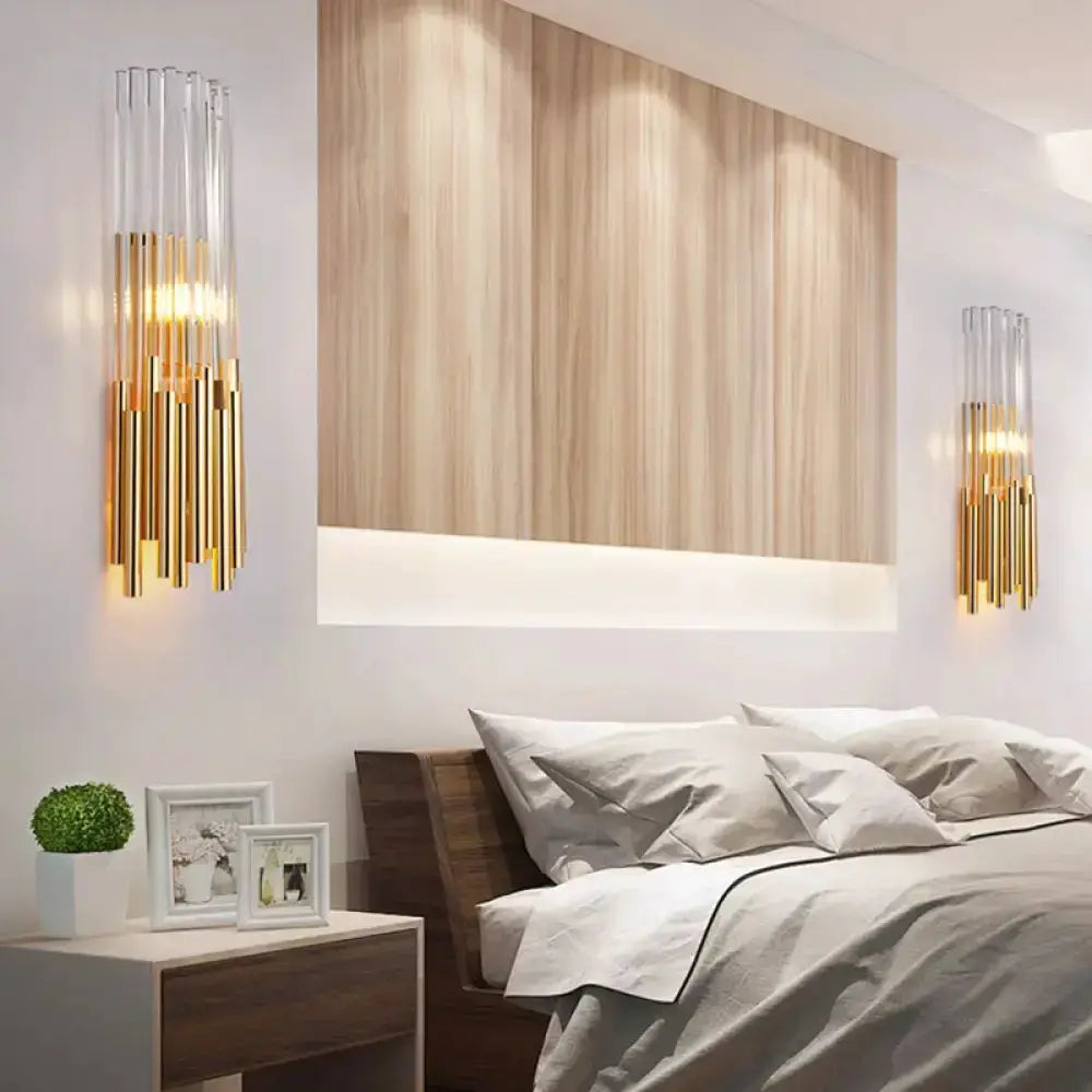 Modernist gold and clear cylinder bedroom wall sconces, a pair with glass tube accents by Decorbites on Tampa Home & Garden Store
