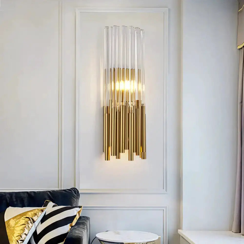 Modernist gold and clear cylinder wall sconce with glass tubes by Decorbites on Tampa Home & Garden Store