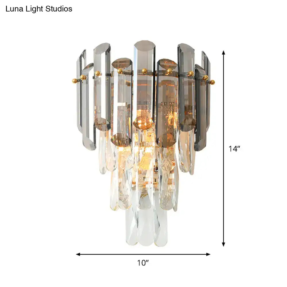 Tiered Crystal Wall Sconce - Modernist Clear & Smoke Gray Wall Lighting Fixture