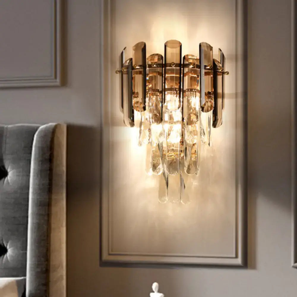 Tiered Crystal Wall Sconce - Modernist Clear & Smoke Gray Wall Lighting Fixture
