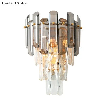 Tiered Crystal Wall Sconce - Modernist Clear & Smoke Gray Wall Lighting Fixture