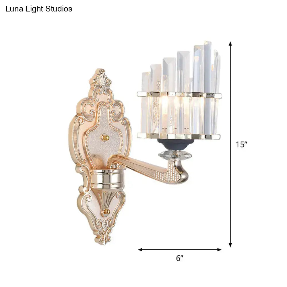 Gold Crystal Conical Rod Wall Sconce by Decorbites with gold backplate and crystal prisms on Tampa Home & Garden Store