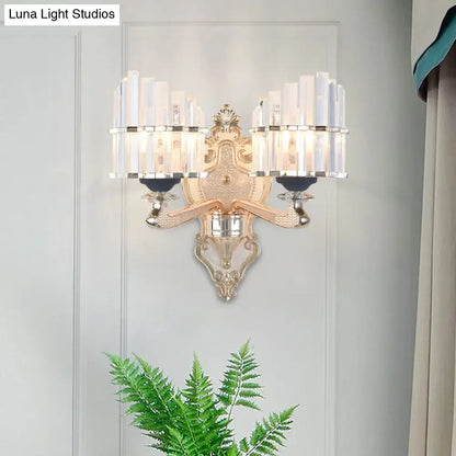 Gold crystal conical rod wall sconce with ornate backplate and crystal rod shades Decorbites on Tampa Home & Garden Store