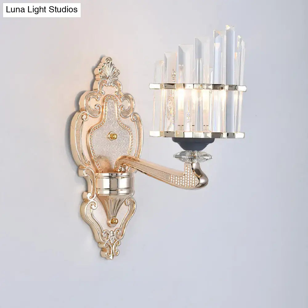 Decorbites Gold Crystal Conical Rod Wall Sconce with ornate backplate and crystal prisms on Tampa Home & Garden Store