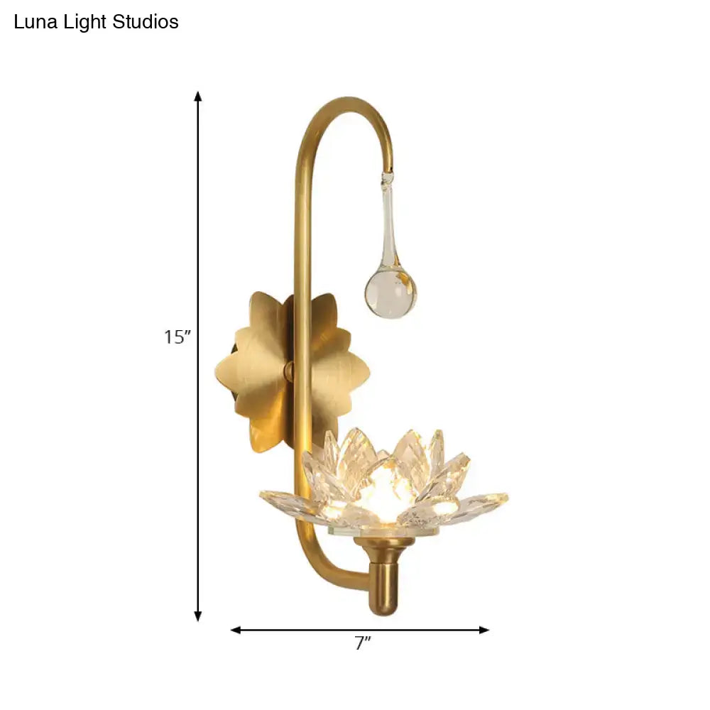 Gold Crystal Lotus Sconce with crystal petals and hanging drop, Decorbites gold finish, 15in tall on Tampa Home & Garden Store