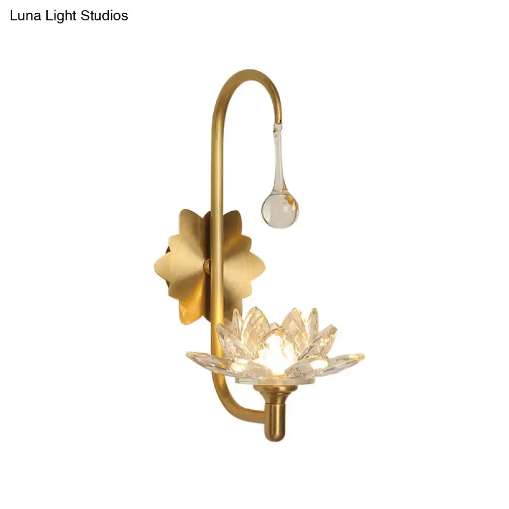 Gold crystal lotus sconce with brass arm, crystal lotus shade and hanging pendant by Decorbites on Tampa Home & Garden Store