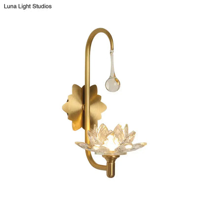 Gold crystal lotus sconce with brass arm, crystal lotus shade and hanging pendant by Decorbites on Tampa Home & Garden Store