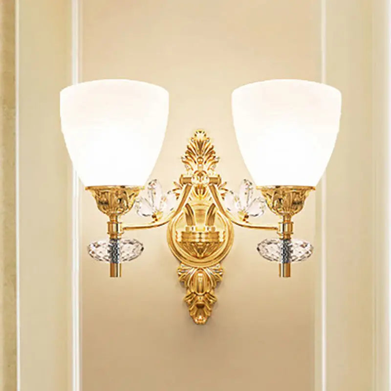 Gold crystal finish wall sconce 1-2 light, frosted glass shades and crystal accents Decorbites on Tampa Home & Garden Store
