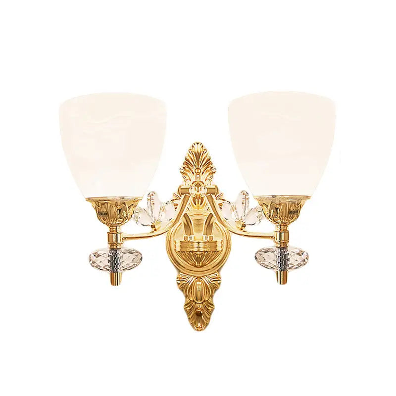 Gold crystal finish wall sconce by Decorbites, 2-light ornate design with glass shades on Tampa Home & Garden Store