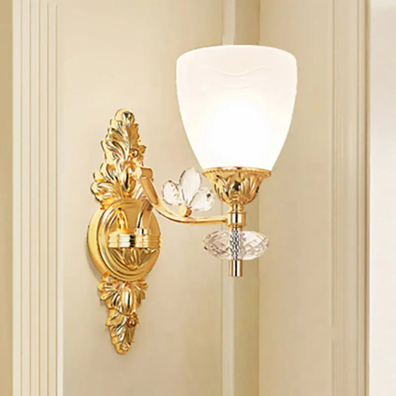 Gold crystal finish sconce with white glass shade and crystal accents 1-2 light Decorbites on Tampa Home & Garden Store