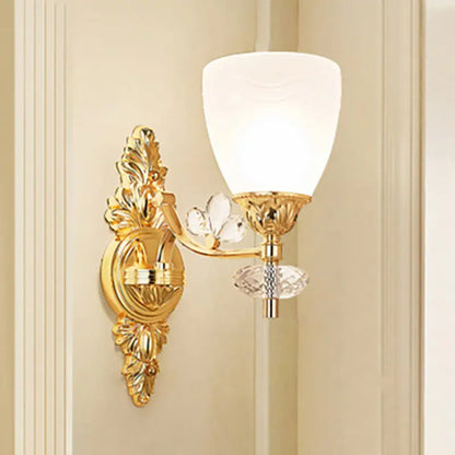 Gold crystal finish sconce with white glass shade and crystal accents 1-2 light Decorbites on Tampa Home & Garden Store