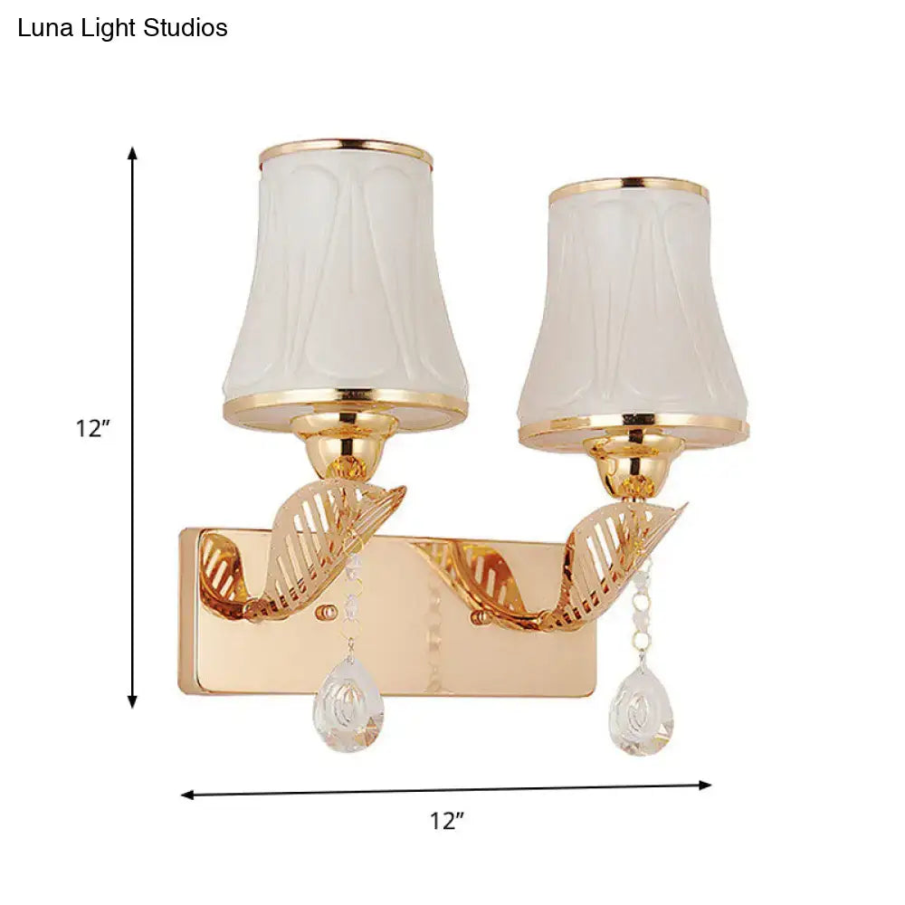 Gold opal glass crystal double wall light with two shades, leaf arms crystal drops Decorbites on Tampa Home & Garden Store