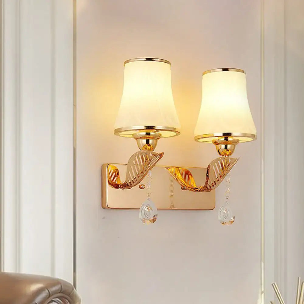 Gold opal glass crystal drop wall light pair with cream fabric shades and hanging prisms on Tampa Home & Garden Store