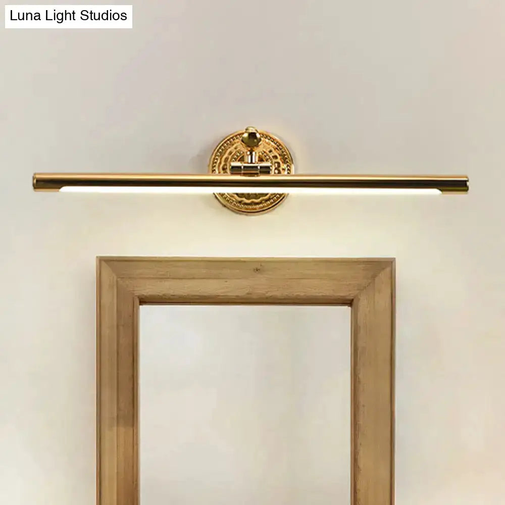Modernist gold linear vanity wall light fixture with ornate round backplate by Decorbites on Tampa Home & Garden Store