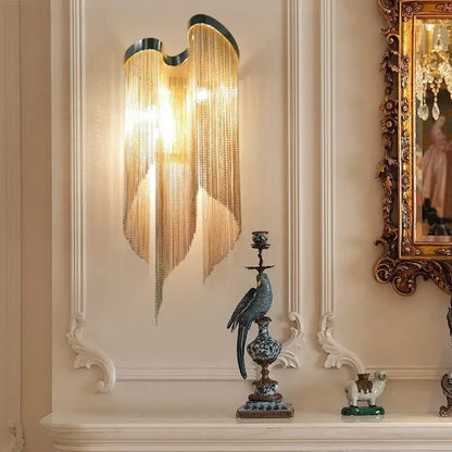 Aluminum tassel wall sconce two-light gold silver finish with cascading chain fringe on Tampa Home & Garden Store