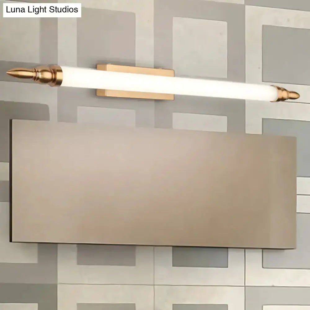Decorbites Modernist gold tube vanity light with white glass bar and brass ends on Tampa Home & Garden Store