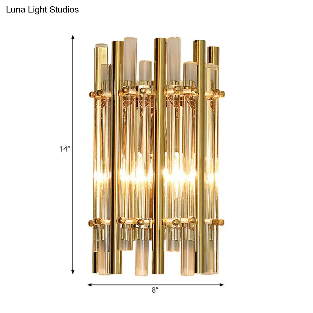 Gold tubular crystal wall sconce by Decorbites for bedroom with glass tubes on Tampa Home & Garden Store