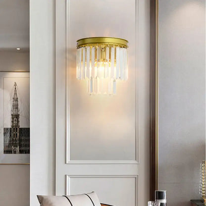 Gold crystal wall lamp faceted two-light by Decorbites with hanging crystal prisms on Tampa Home & Garden Store